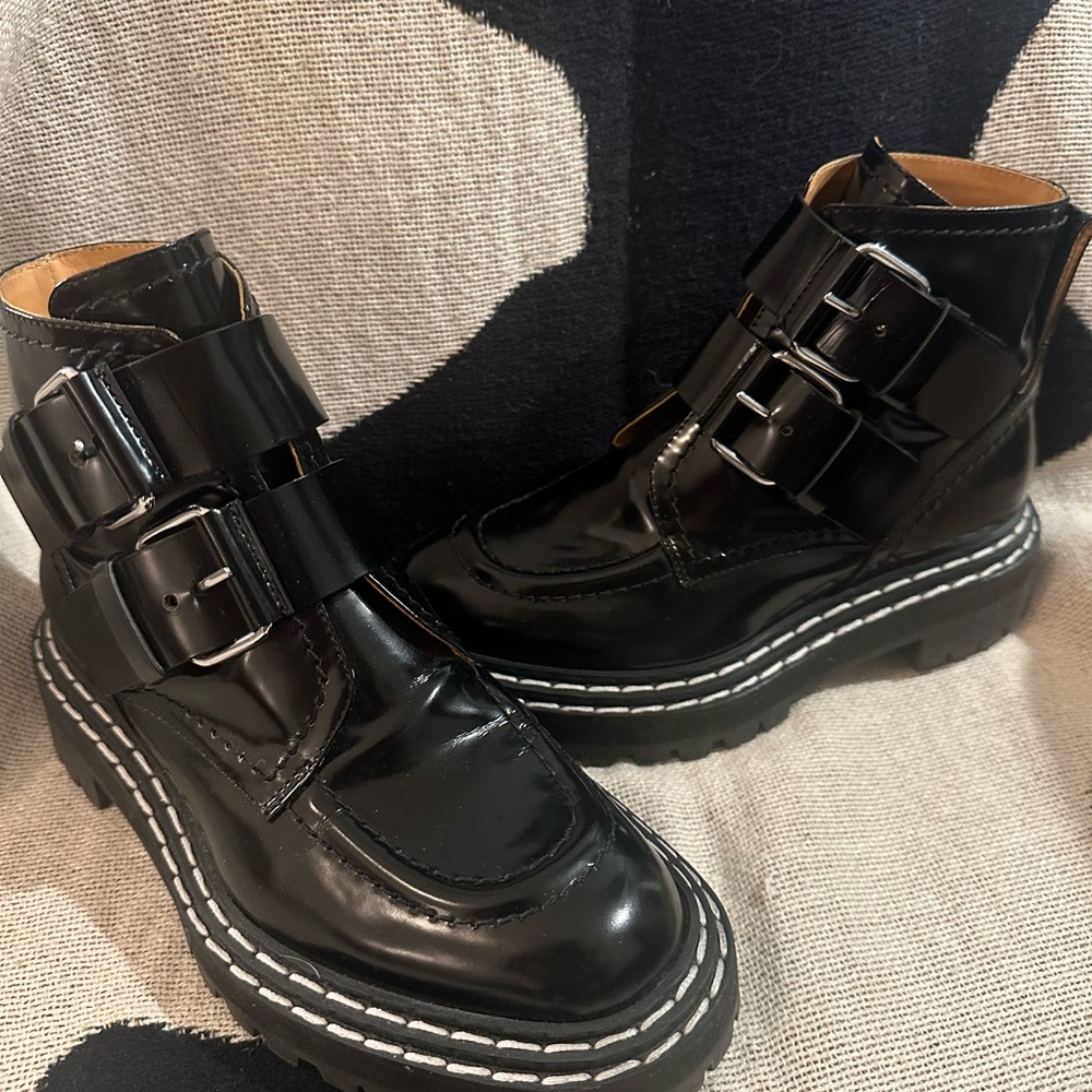 Proenza Schouler Glossy Black Buckle Platform Booties